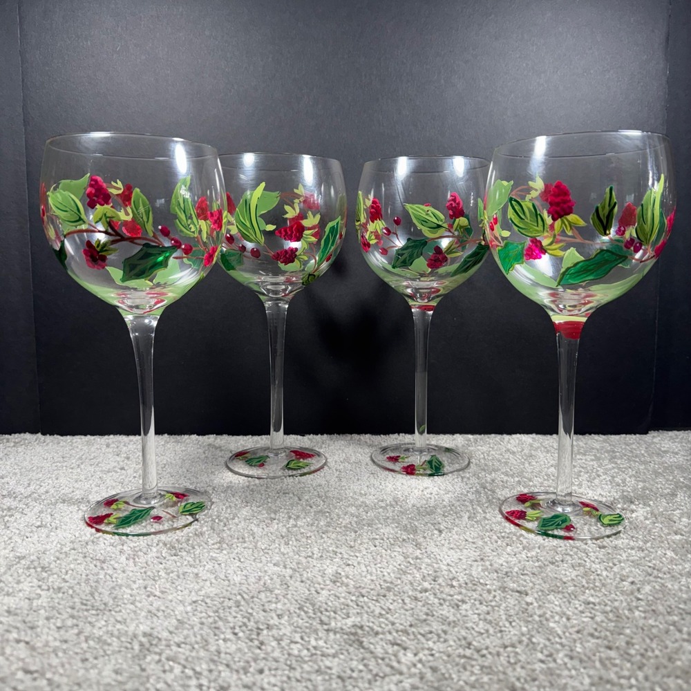 Wine Glasses Clear Handpainted Berry Leaf Botanical Set of 4